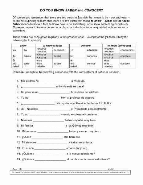 saber vs conocer worksheet pdf answers